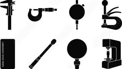 Foto Black silhouette icon set of precision measuring instruments including caliper,