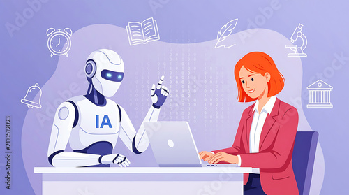 Ai robot and woman collaborating in futuristic office setting