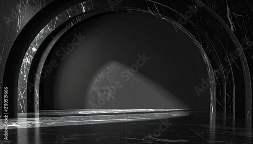 Luxurious Black Marble Archway Stage with Dramatic Spotlight and Reflections