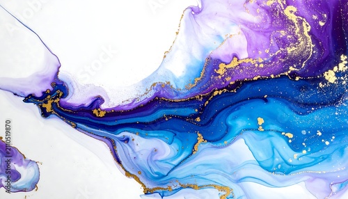 Abstract fluid art piece with flowing blues, purples, and gold accents against a white backdrop. A mix of colors