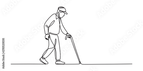 Continuous single line drawing of an old man walking slowly with a cane