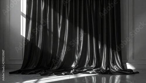 Luxurious black silk curtains draped with dramatic sunlight and shadow patterns on a marble floor, creating an elegant and sophisticated interior design element.