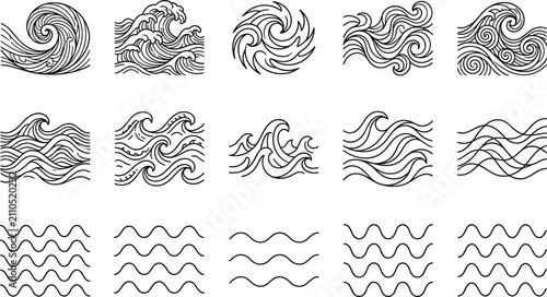 Foto Ocean wave line icon collection showing abstract sea ripples water splashes surf