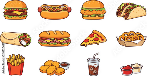 Collection of colorful illustrated fast food items including burgers, pizza, tacos, fries, nuggets, and soft drink cup
