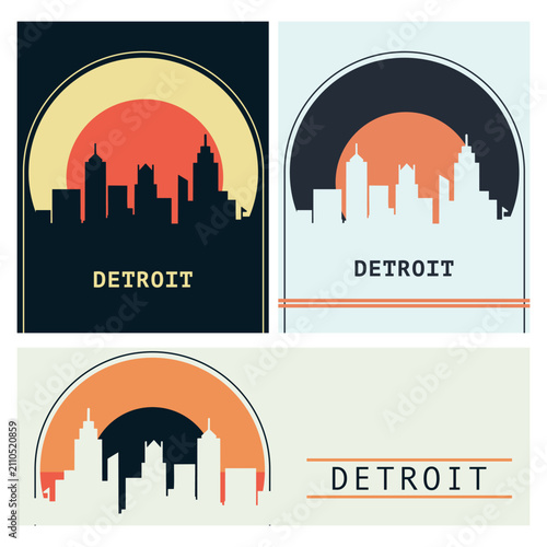 Detroit city skyline poster pack with landmarks silhouette. Old travel graphics set for USA Michigan city. Minimalist buildings at sunset layout for social media, banners, postcards, travel guides