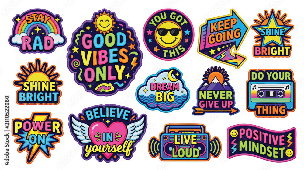 Naklejka premium Bright Cartoon Positive Affirmation Stickers Set with Motivational Slogans and Retro Elements