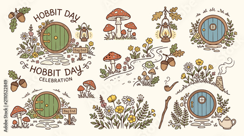 Cuadro en lienzo Charming illustration of Hobbit Day celebrations featuring hobbit holes, mushrooms, acorns, lanterns, and wildflowers