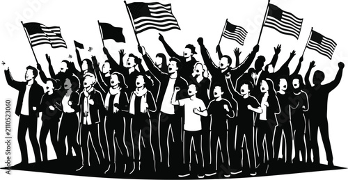 Crowd of citizens cheers with excitement while holding national flags high during a public demonstration or celebration.