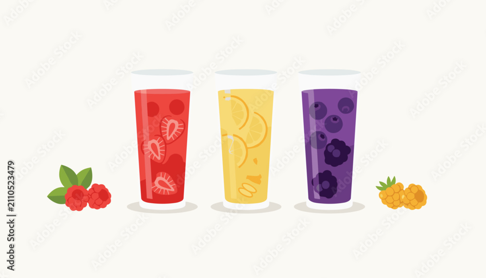 Fototapeta premium Fresh berry juice drinks in three glasses, featuring strawberry, lemon, and blueberry flavors on a white background.