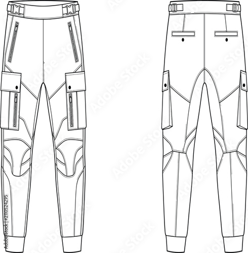 Technical flat sketch of mens tactical cargo pants front and back view vector illustration