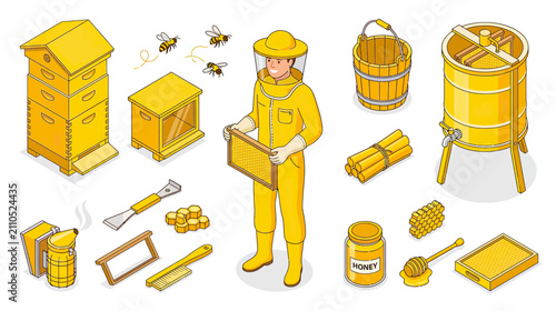 Beekeeper with Honeycomb and Apiary Equipment Isometric Illustration