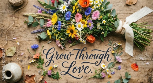 Vibrant Wildflower Bouquet Adorned with Inspiring 'Grow Through Love' Typography on Wood