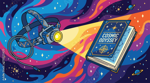 Foto Headlamp Illuminating Cosmic Odyssey Book in Vibrant Abstract Galaxy Space, Conc