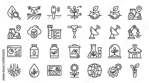 Sustainable agritech and laboratory plant science icon set