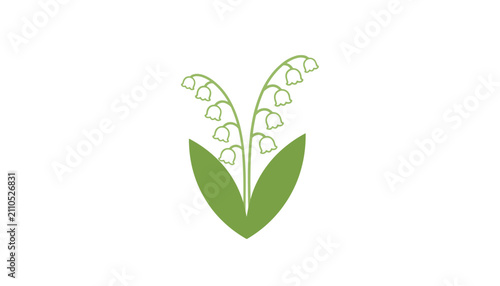 Lily of the valley flower illustration showing green stems with small bell-shaped blossoms and two leaves on white.