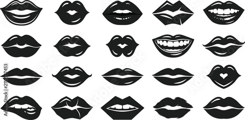 Quadro su tela Collection of female lips vector icons showing various mouth expressions smiles