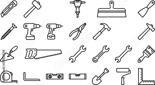 Construction work tools linear icon set vector illustration featuring hammer screwdriver saw drill brush trowel and equipment for home renovation building maintenance.