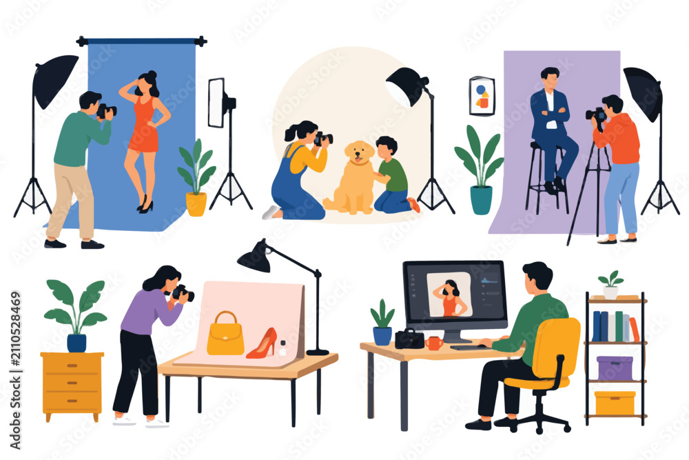 Fototapeta premium Flat vector photography studio interior scene