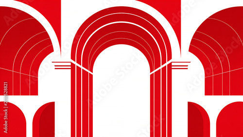 Red arches dominate the scene with clean lines