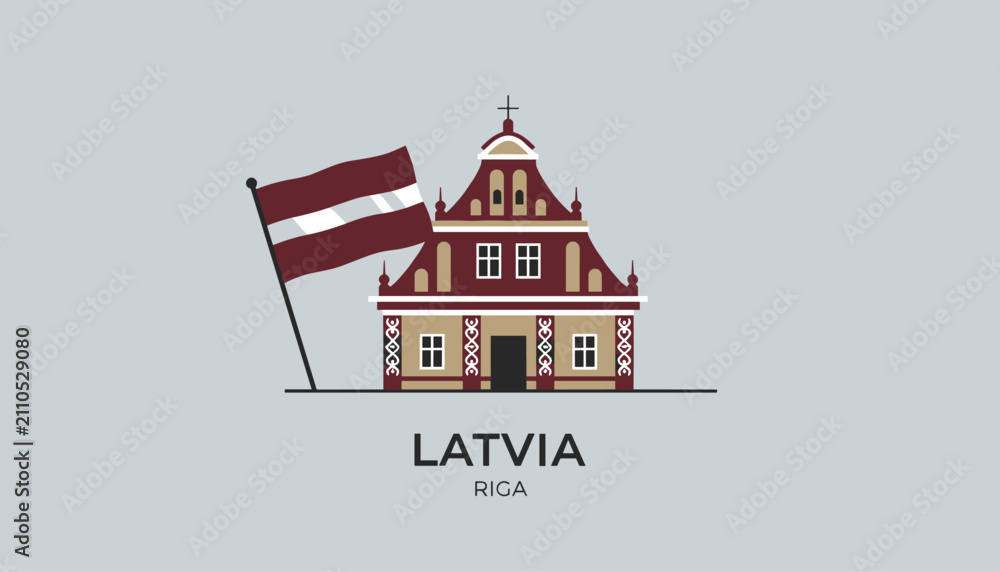 Fototapeta premium Riga emblem featuring a historic building in traditional Latvian colors and the national flag flying on a gray background.