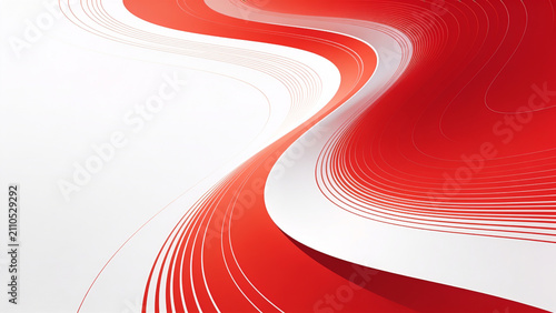 Bold red and white curves flow gracefully across the canvas