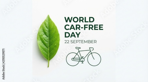 A conceptual design promoting world car free day featuring a vibrant green leaf and a bicycle illustration to encourage sustainable transportation and environmental awareness globally