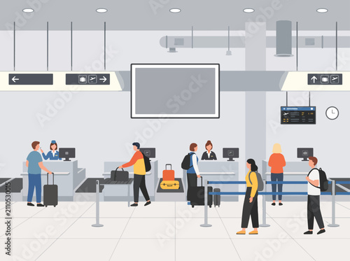 Flat vector illustration of a busy airport terminal check in area with passengers and luggage