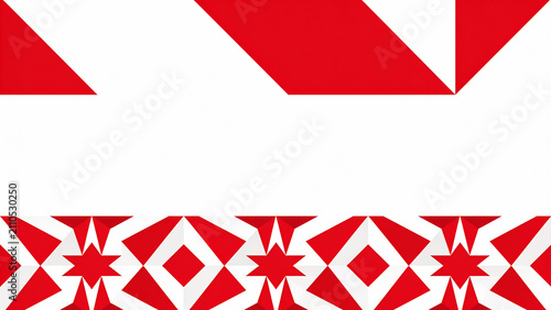 Red geometric shapes adorn white background