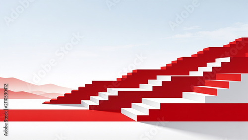 Red stairs ascend toward distant hills under clear skies