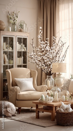 Easter living room with beige wingback chair and spring blossoms in a warm vertical shot for home decor advertising