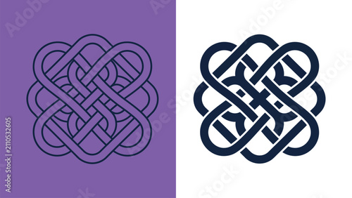 Celtic knot vector set with intricate interlaced patterns, purple and black geometric line art symbols, traditional eternal knot design for branding