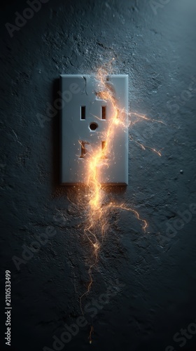 Electrical outlet sparking with fire on a dark wall in a sharp focus macro shot for home safety and insurance marketing