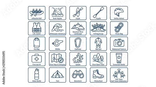 Whitewater rafting and outdoor adventure equipment icon collection.