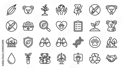 Canvas Print Wildlife conservation and koala protection line icons.