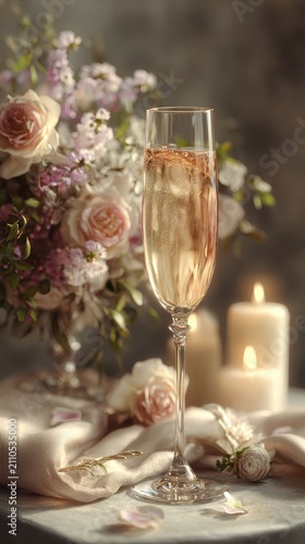 Champagne flute sparkling with bubbles among pastel roses and candles in a romantic vertical shot for wedding marketing