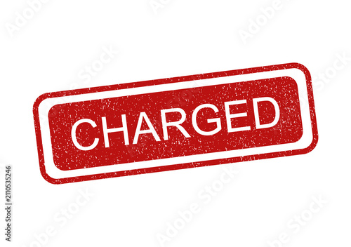 Red rubber stamp with the word charged in a grunge textured rectangle design isolated on transparent background