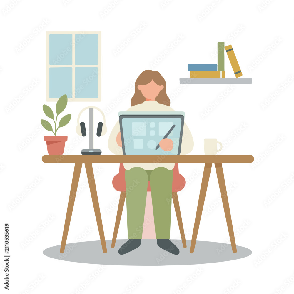 Fototapeta premium An illustration of a female designer working at her desk with a digital tablet, surrounded by a cozy home office setup with plants and books.