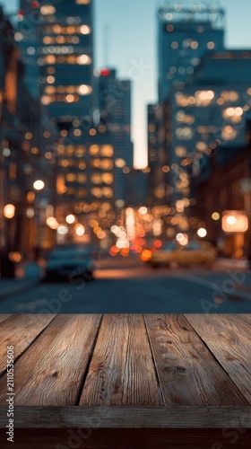 Wooden tabletop overlooking blurred city lights during blue hour in a vertical shallow depth of field shot for restaurant marketing