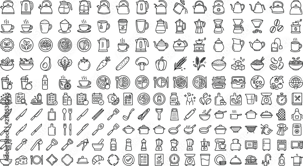 Fototapeta premium Kitchen utensil icons in a grid with clean linework for culinary designs