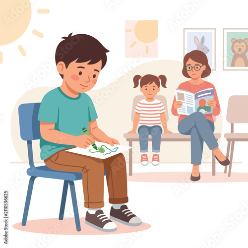 Children and mother waiting in a doctor's office, one boy drawing, the other girl and woman reading