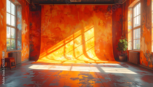 Industrial studio with rough orange walls distressed floor and large windows casting dramatic shadows