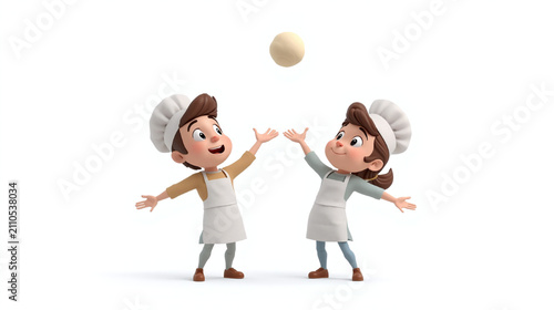Cute 3D cartoon bakery couple joyfully tossing a sliced stuffed bread into the air. Fun teamwork, playful baking moment, clean white background