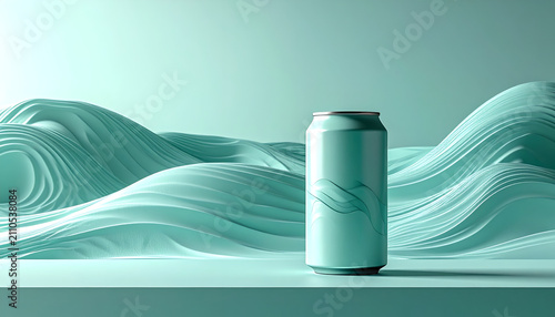 Light Teal Can with Swirl Design on Abstract Teal Wavy Landscape Background