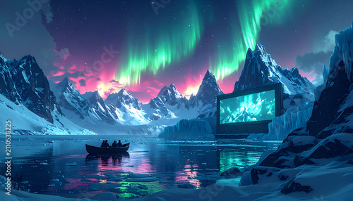 Majestic Aurora Borealis over Snow-Capped Mountains with a Boat on Icy Water