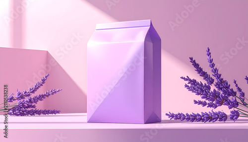 Minimalist 3D render of a lilac package with lavender flowers and soft geometric shadows