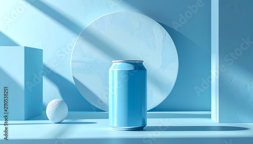 Minimalist blue soda can product shot with geometric shapes and soft lighting