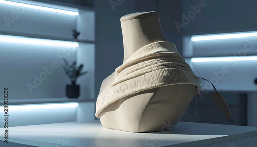 Minimalist beige knit fabric draped over a headless mannequin torso in a modern studio