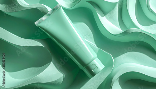 Minimalist mint green cosmetic tube nestled in abstract undulating wavy shapes beauty product mockup