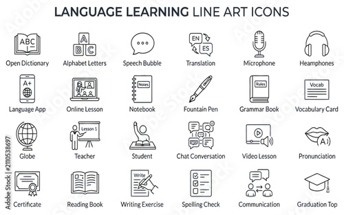 Language Learning Line Art Icon Set, Outline Collection of Education, Translation, and Study Icons