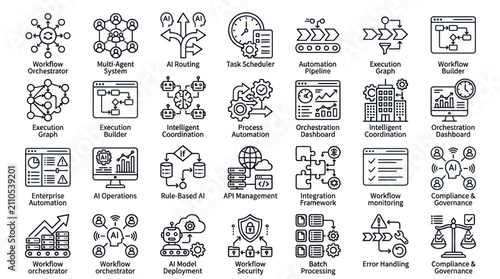 Фотография AI workflow orchestration and automation process icons.